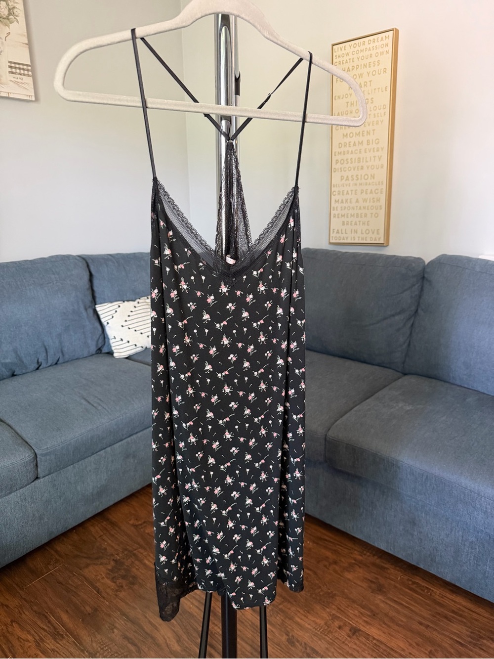 Victoria's Secret Black Floral Slip with Pink & White Flowers
